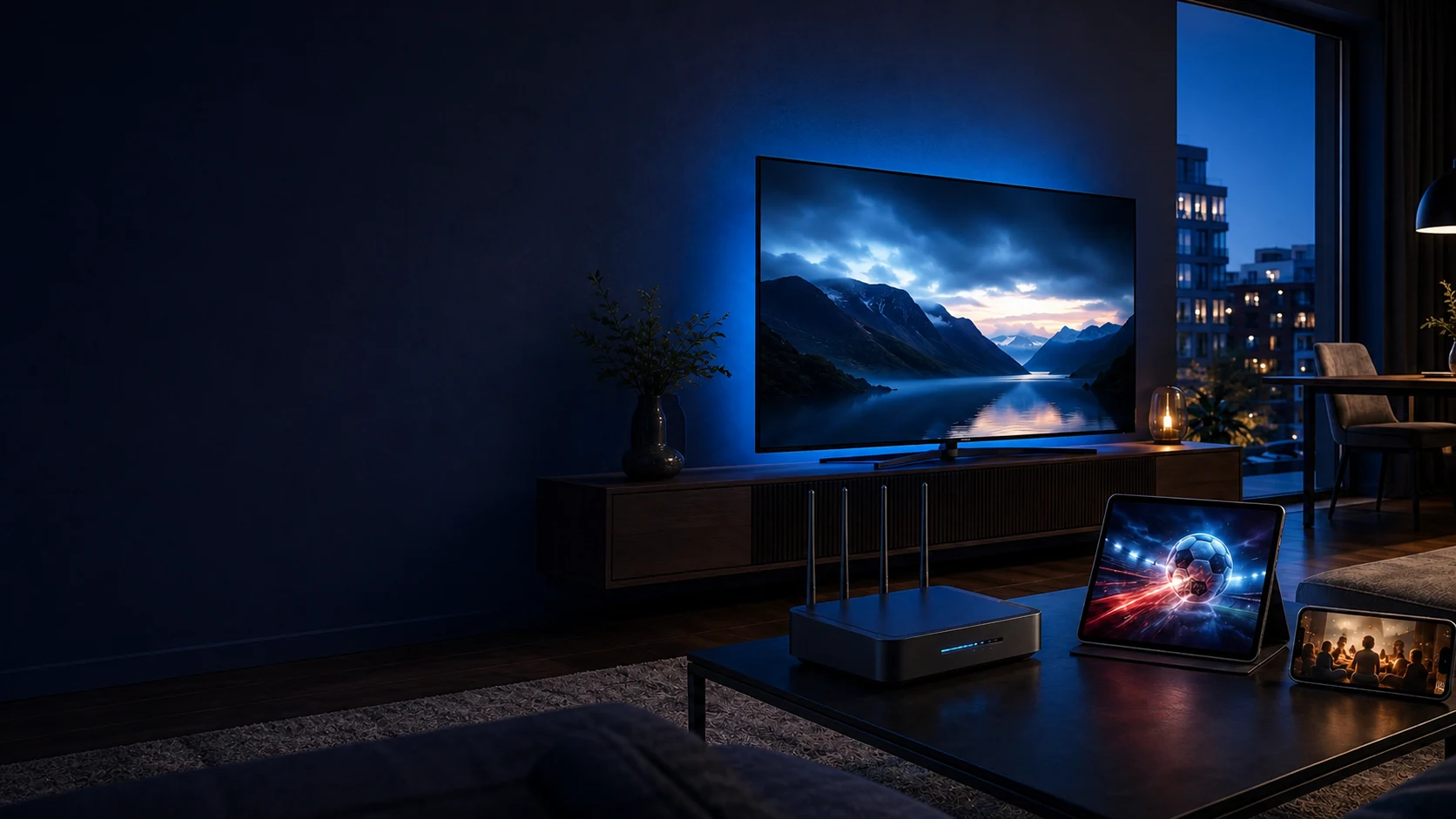 Televisie, tablet en telefoon in een woonkamer met een router voor streaming